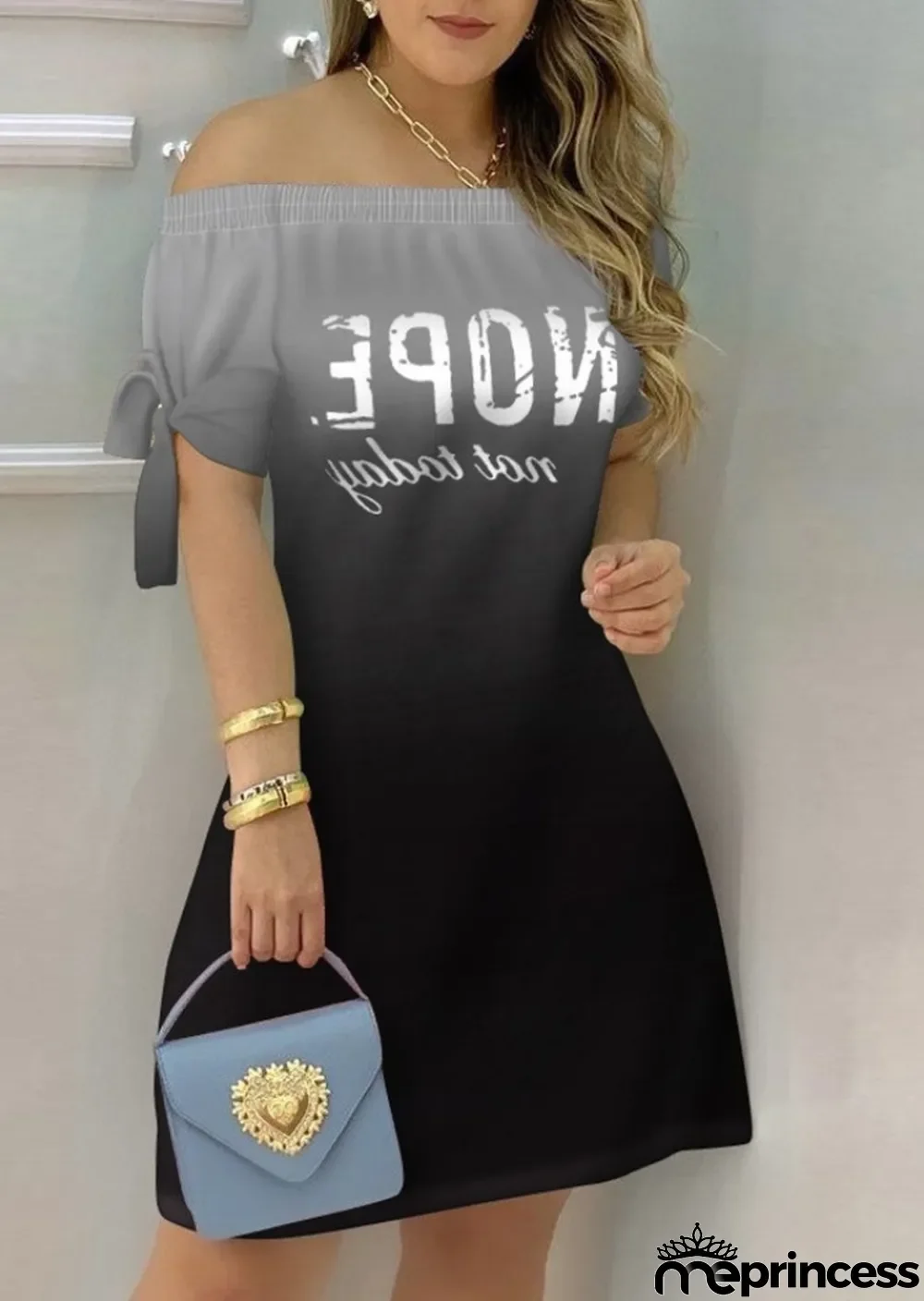 Summer Greadient Black Off Shoulder Short Sleeve Casual Midi Dress