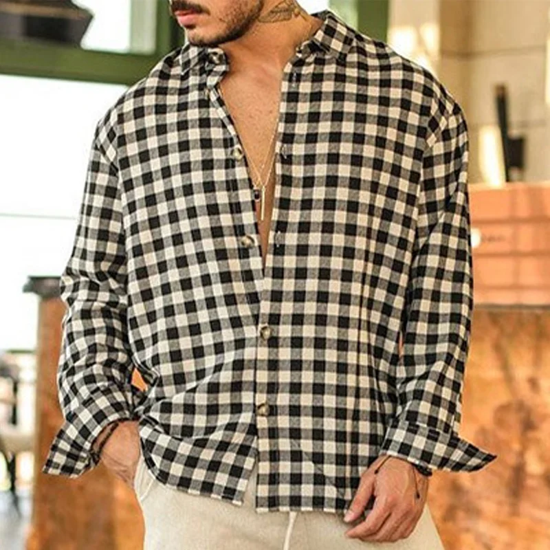 Men's Casual Plaid Long Sleeve Lapel Shirt