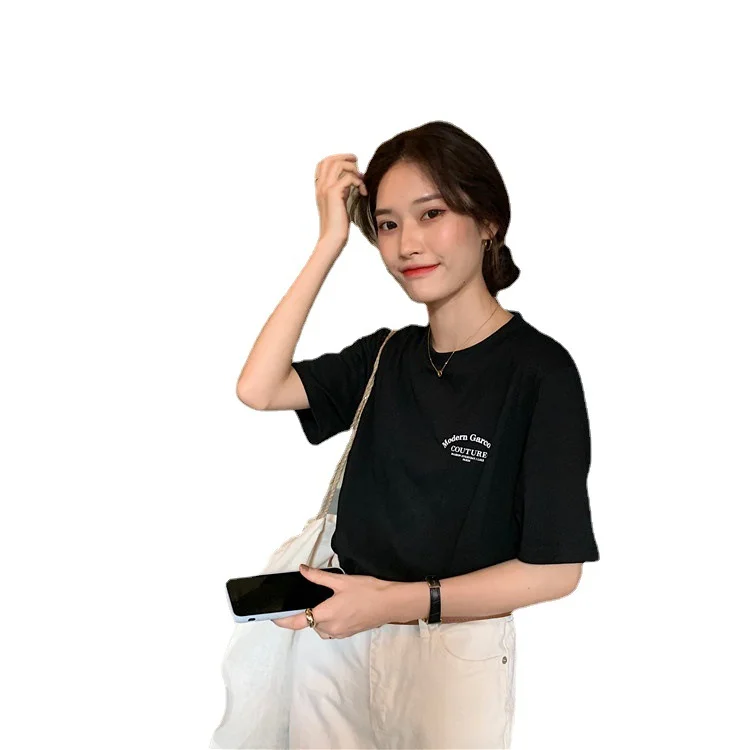 Uveng Uveng Schoolgirl Short-Sleeved Jacket Summer 2024 New Korean Edition Loose Versatile Letter Half-Sleeve T-Shirt