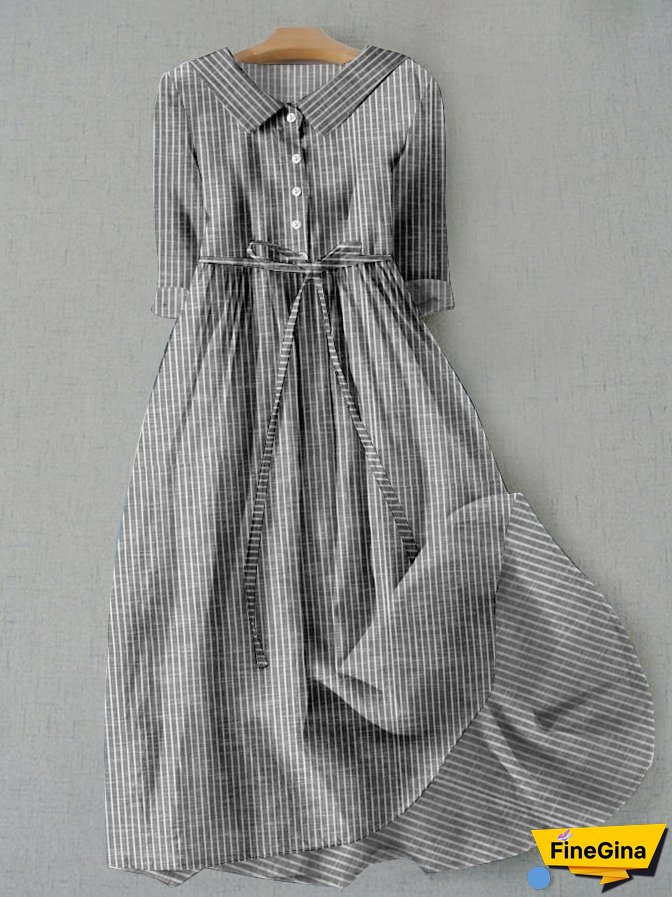 Women's Vintage Striped Design Printed Lace-Up Dress
