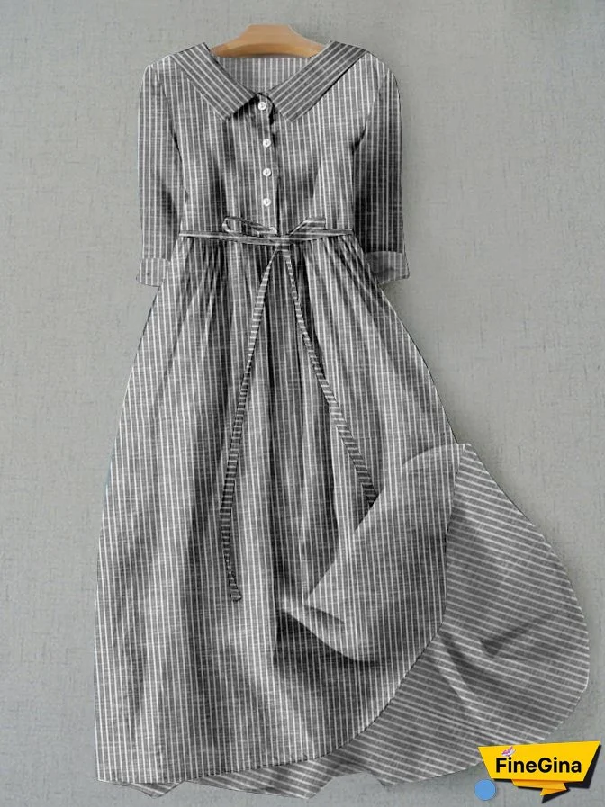 Women's Vintage Striped Design Printed Lace-Up Dress
