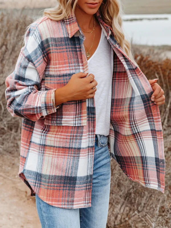 Women's mid-length fashion plaid coat with large pockets Flusfy