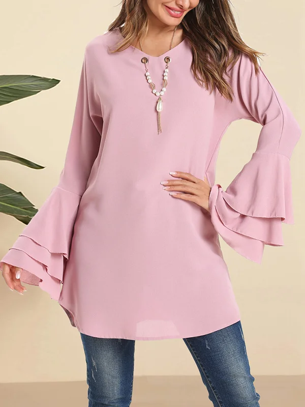 Flared Sleeves Loose Hollow Layered V-Neck Blouses&Shirts Tops