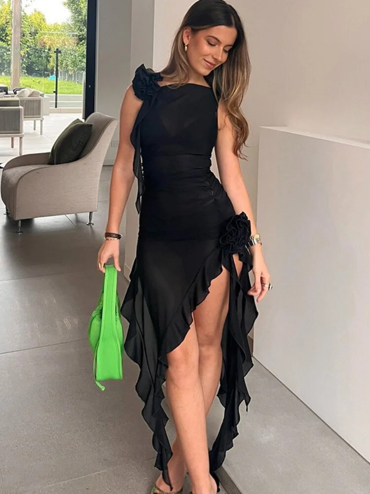 Black Mesh See Through Dress Women Fashion Ruffles Bodycon Mini   Dress  Tassels Irregular Vacation Beach Cover Up Summer