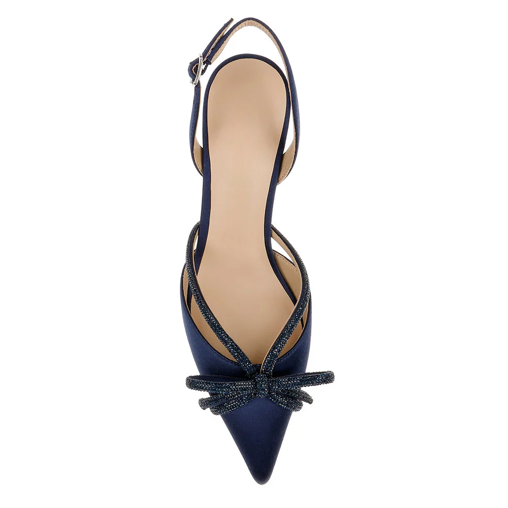 YDN Navy Satin Kitten Heel Rhinestone Bow Slingback Pumps