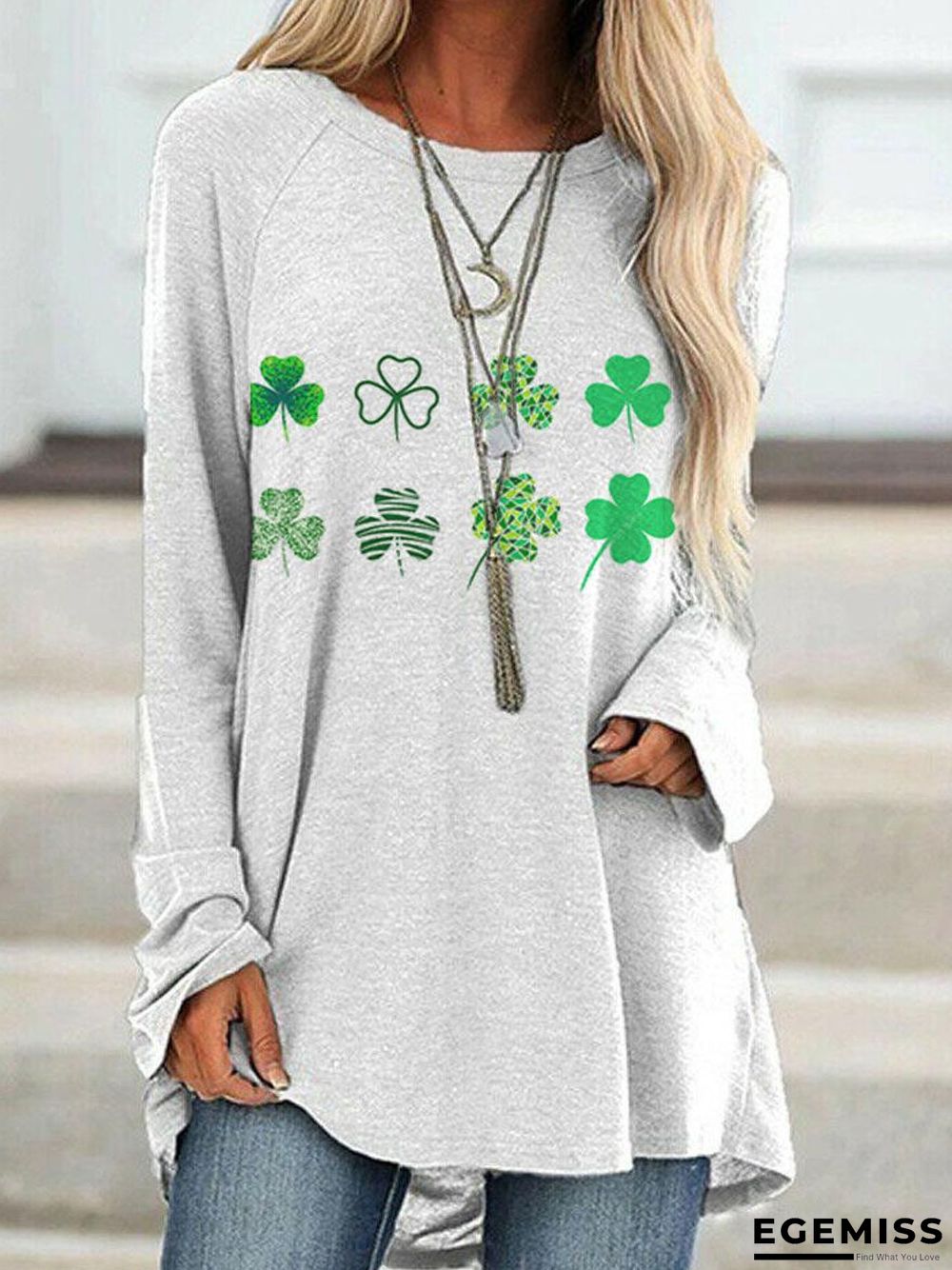 Crew Neck Clover Print Casual Long Sleeve T-shirt | EGEMISS