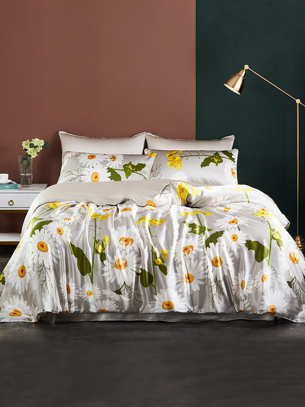 Realsilklife Daisy Printed Silk Duvet Cover Set 4pcs