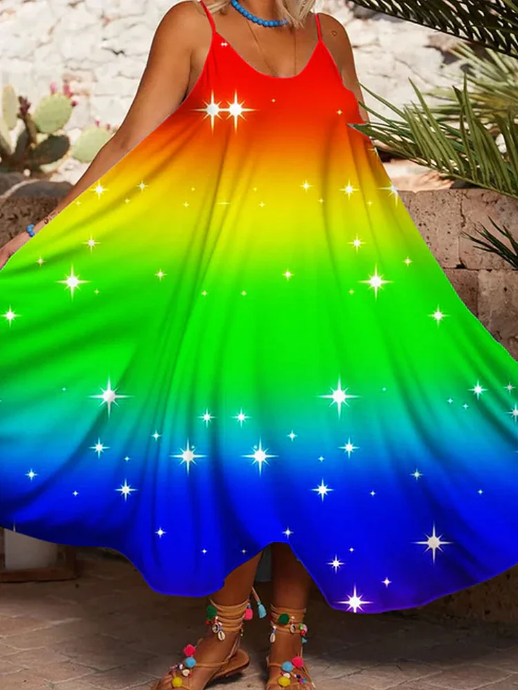 Women's Vintage Shiny Stars Rainbow Print Dress
