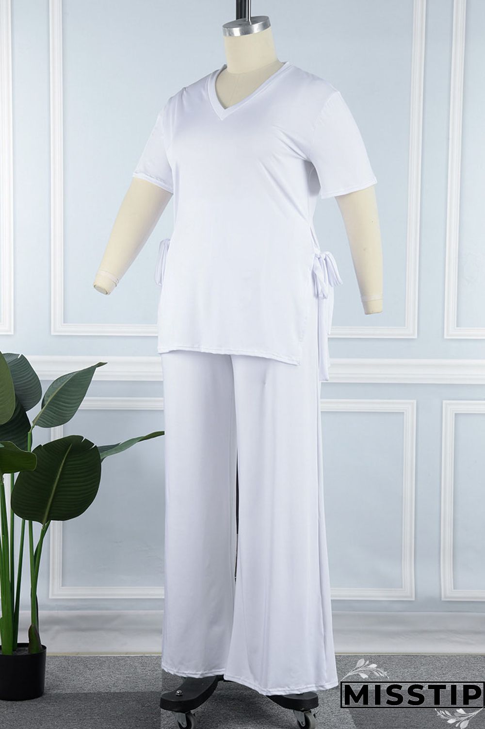 Burgundy Casual Solid Bandage Patchwork Slit V Neck Plus Size Two Pieces