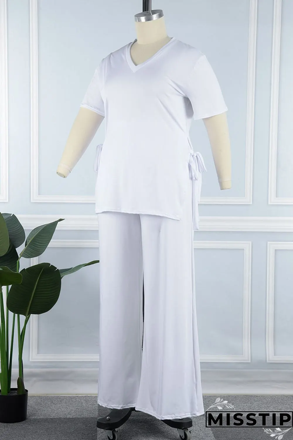 Burgundy Casual Solid Bandage Patchwork Slit V Neck Plus Size Two Pieces