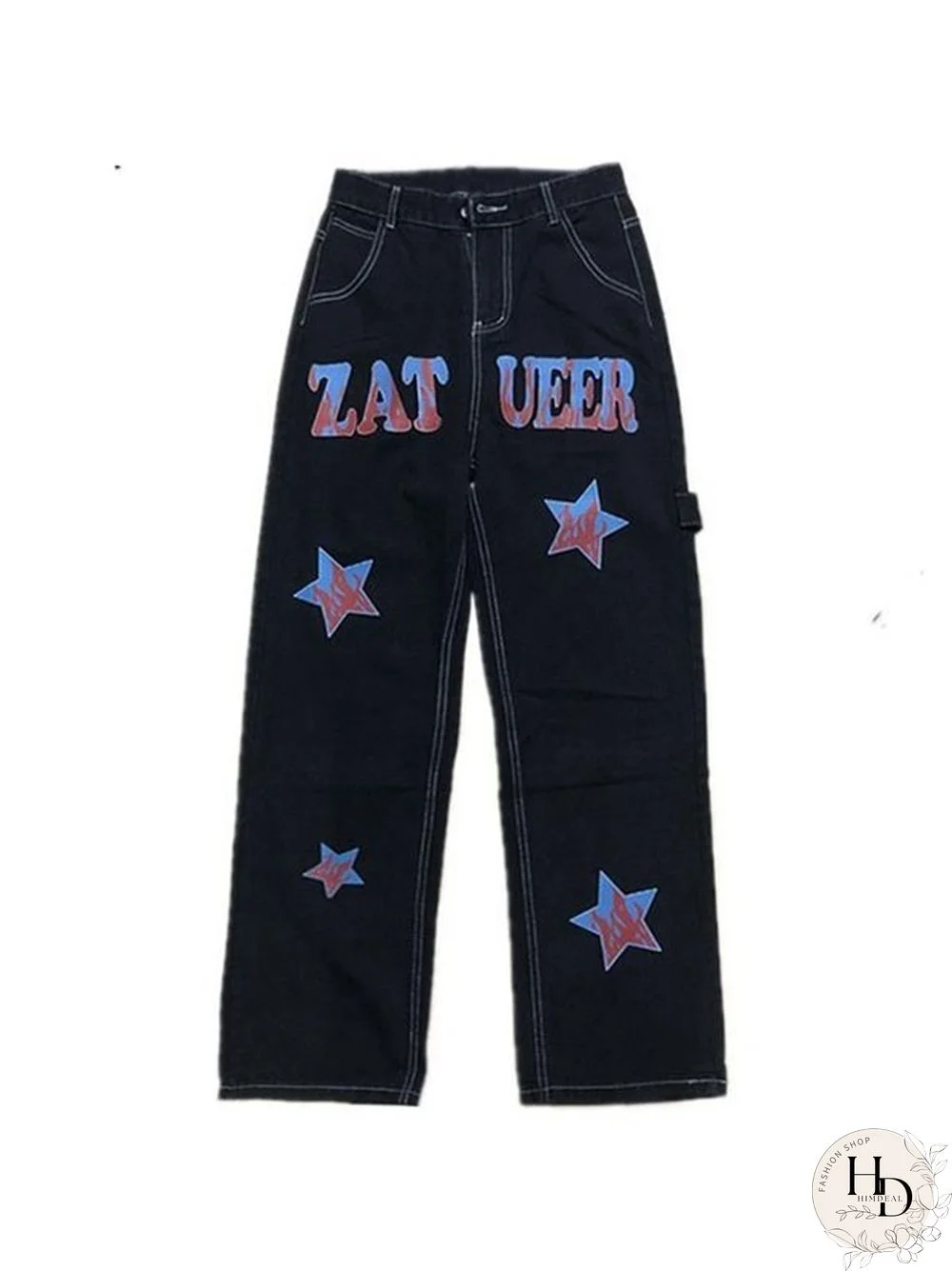 Hip Hop Loose American Star Print Distressed Cargo Jeans