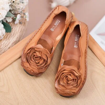 GKTINOO Fashion Flower Design Round Toe Solid Color Flat Shoes Vintage Genuine Leather Women Flats Handmade Women's shoes