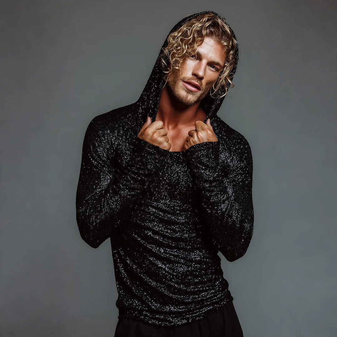 Men's Sequined Shimmering Long-sleeved Hooded T-shirt-inspireuse