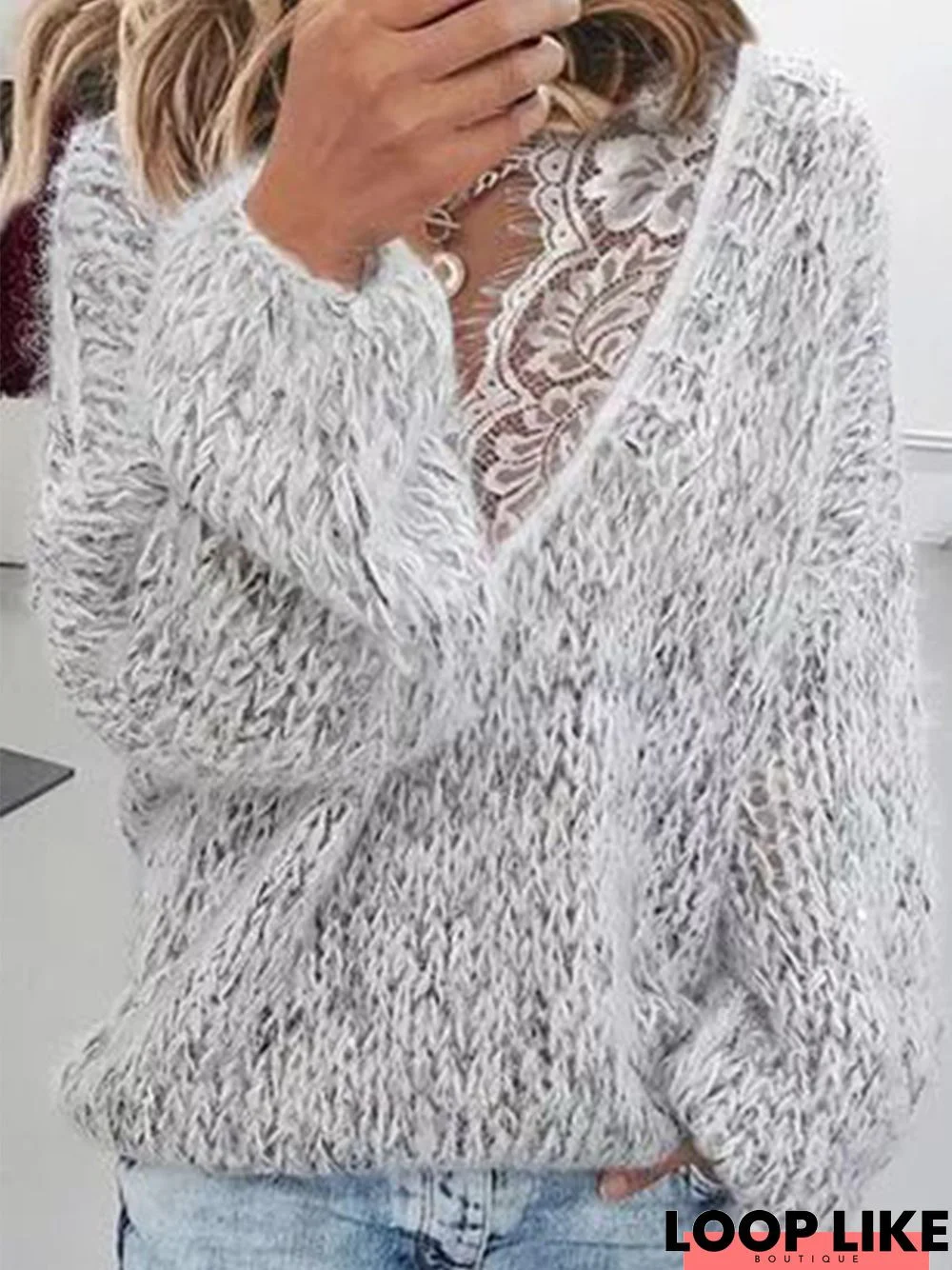 Casual V Neck Lace Edge Sweater