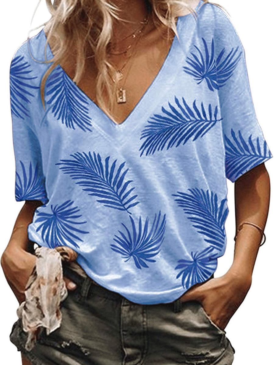 V-neck Loose Short Sleeve Leaf Print T-shirt