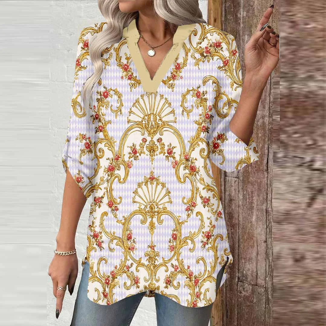 Women Abstract, Gold, Light Purple DZGA0133 3/4 Sleeve V-neck Printed Graphic Button Tops