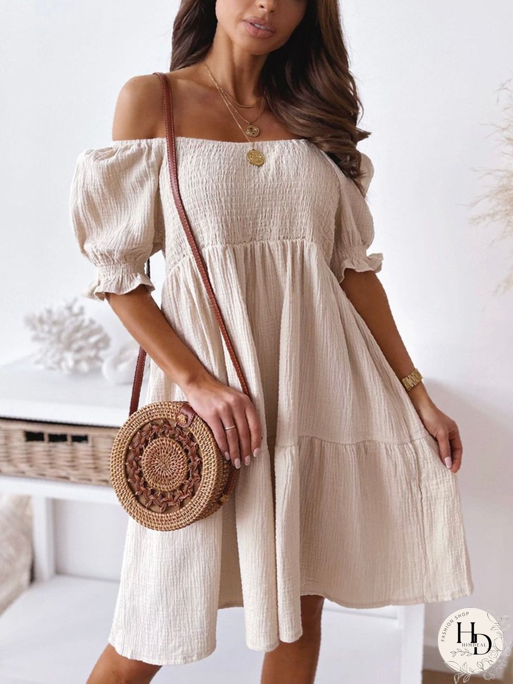 Solid Off-Shoulder Pleated Mini Dress P15230