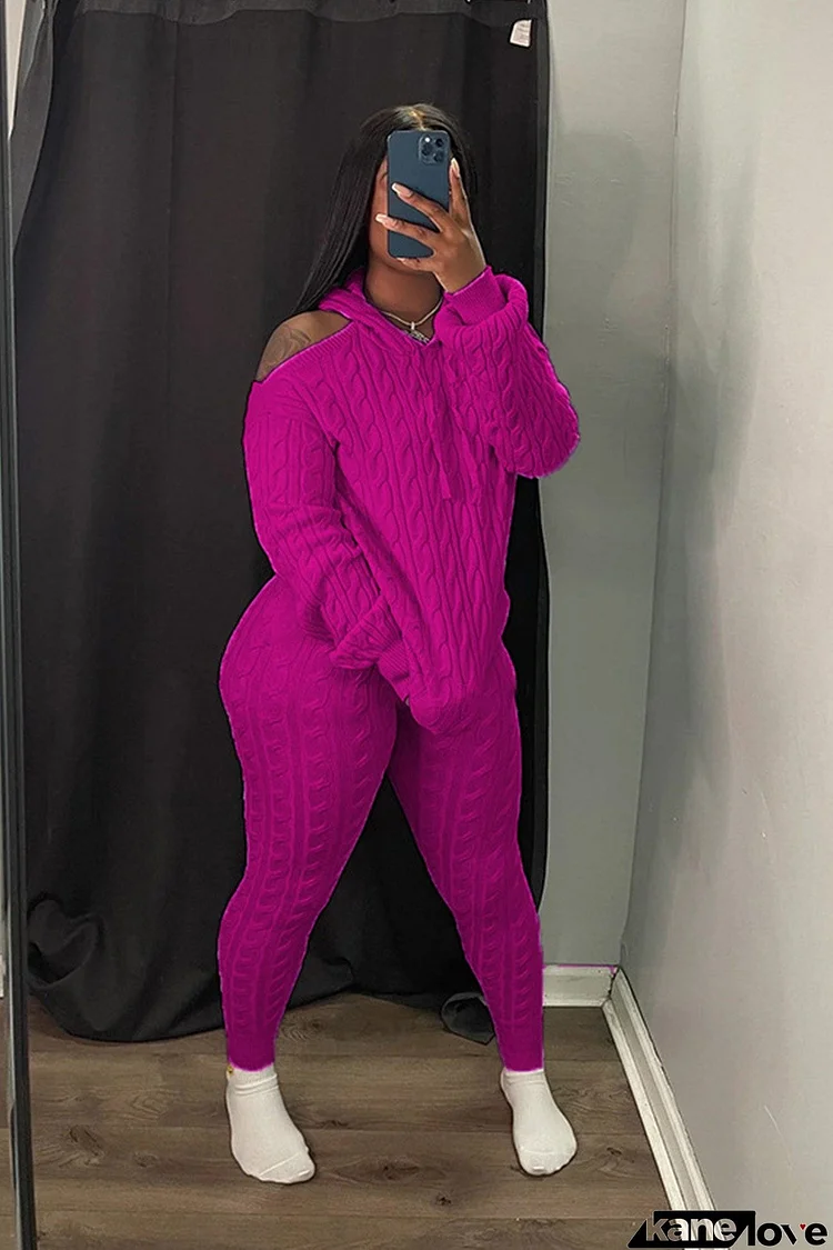 Off Shoulder Knitted Hoodie Suits