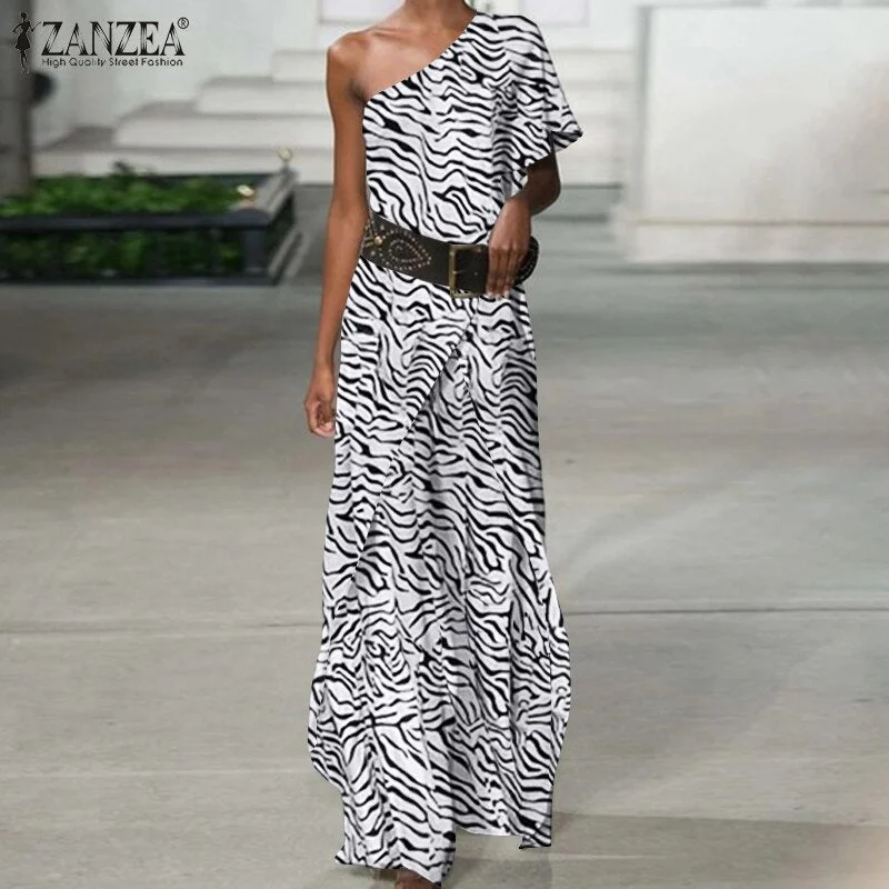 Feminino Fashion Sexy One Shoulder Sleeve Playsuits Asymmetrical Ruffles Solid Women Jumpsuits ZANZEA Overalls