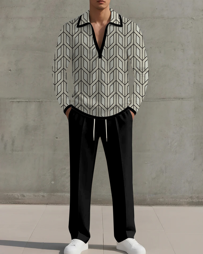 Big & Tall Men's Geometric Print POLO V-Neck Long Sleeve Pants Two-Piece Set