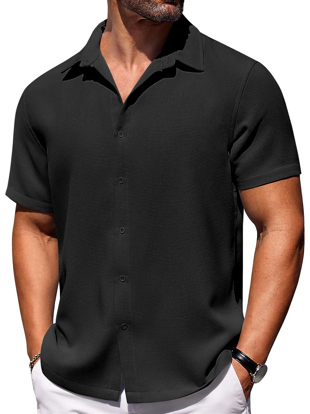 Suitmens Men's Hawaiian Waffle Fabric Lapel Short Sleeve Shirt
