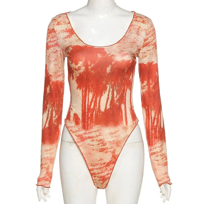 Tie Dye Women Bodysuits Stretchy Printed High Neck 2021 Autumn New Sexy Long Sleeve Bodycon Stylish