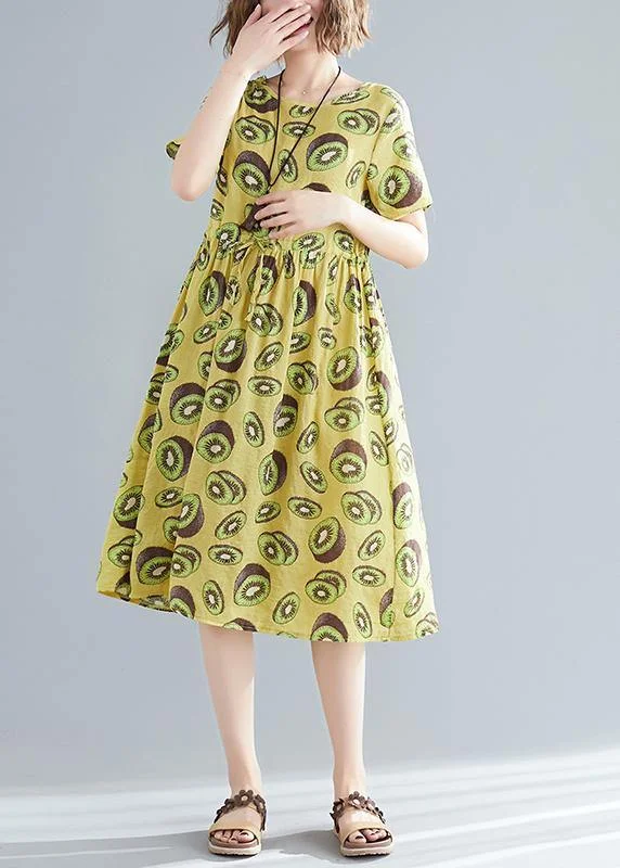 Italian o neck drawstring linen cotton dress Fashion Outfits yellow print daily Dress Summer