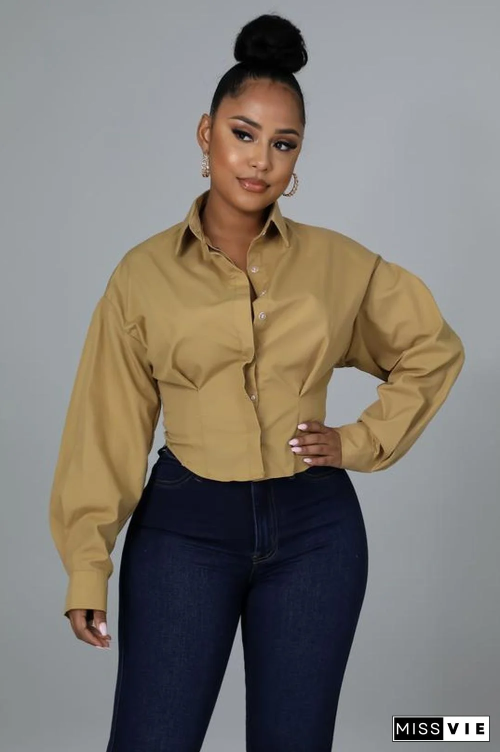 Solid Single-breasted Long Sleeve Shirt Crop Tops