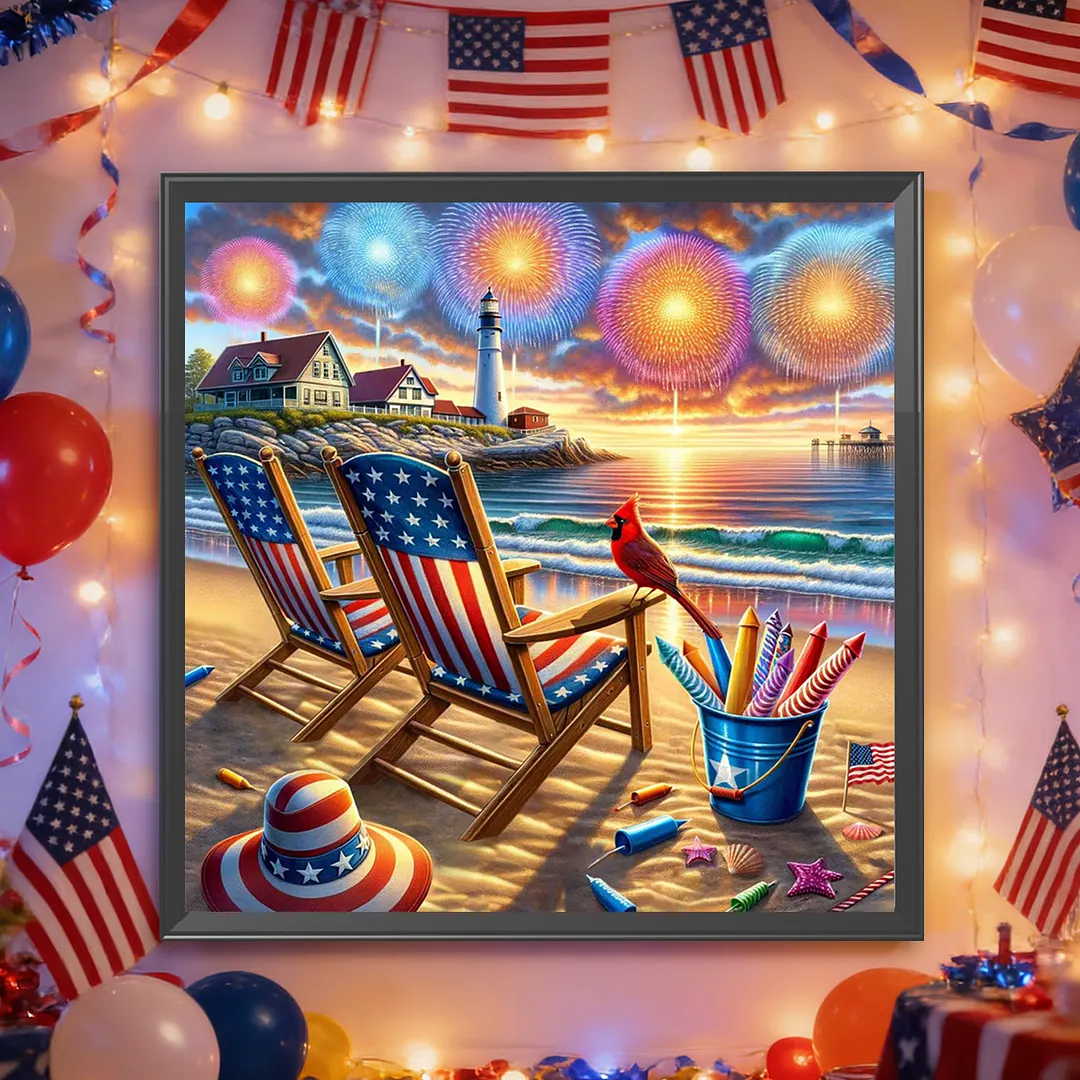 Patriotic Beach Sunset Full DIY 5D Square Drill Diamond Painting Gem Art for Adults/Beginners Gift Idea Home Wall Decor Diamond Dots Paintings Picture Arts Craft 13.78x13.78In