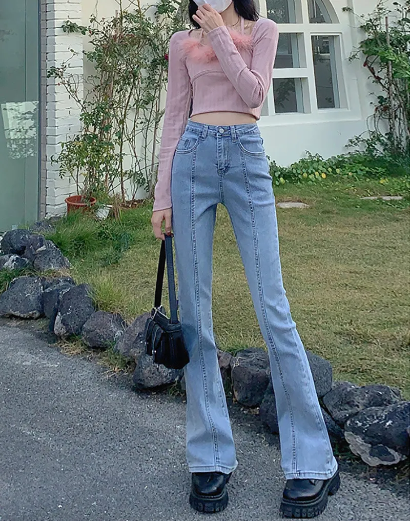 Light Blue Patchwork Flare Jeans female