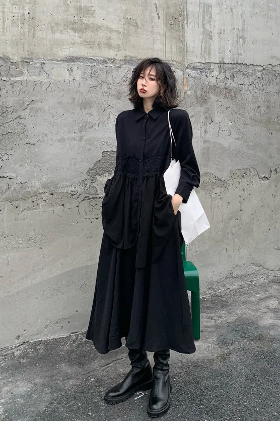 Art Black Lapel Lace-accent Mock-layer Long Sleeve Shirt Dress