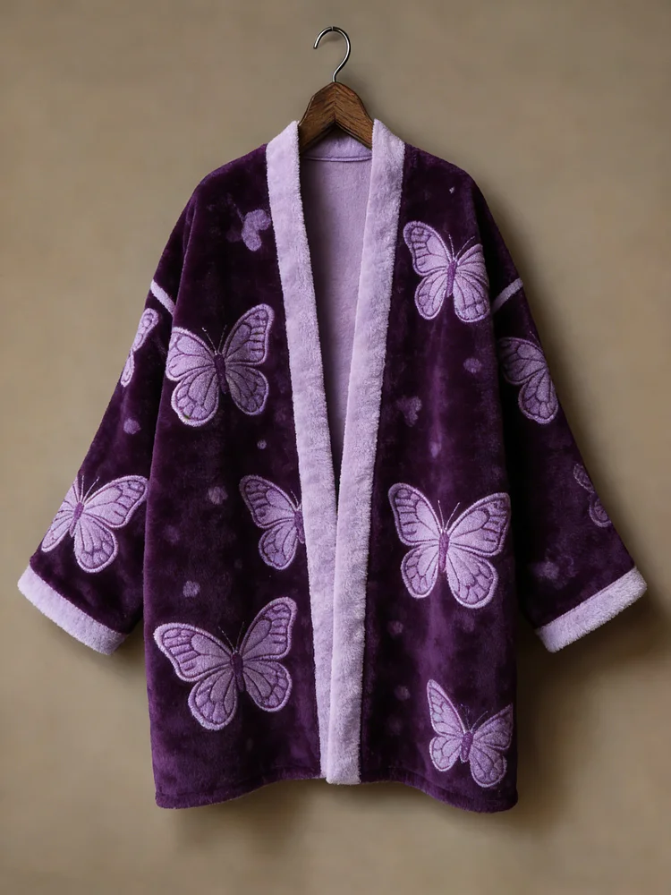 Flannel embroidered printed medium and long kimono cardigan
