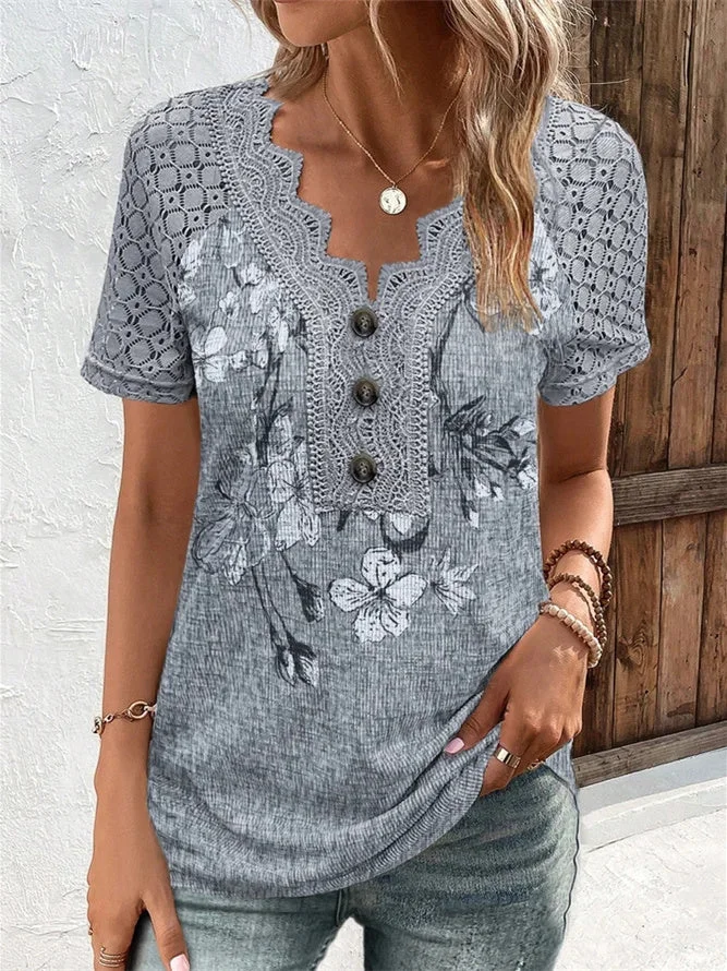 Women's Short Sleeve V-Neck Stitching Lace Printed Top