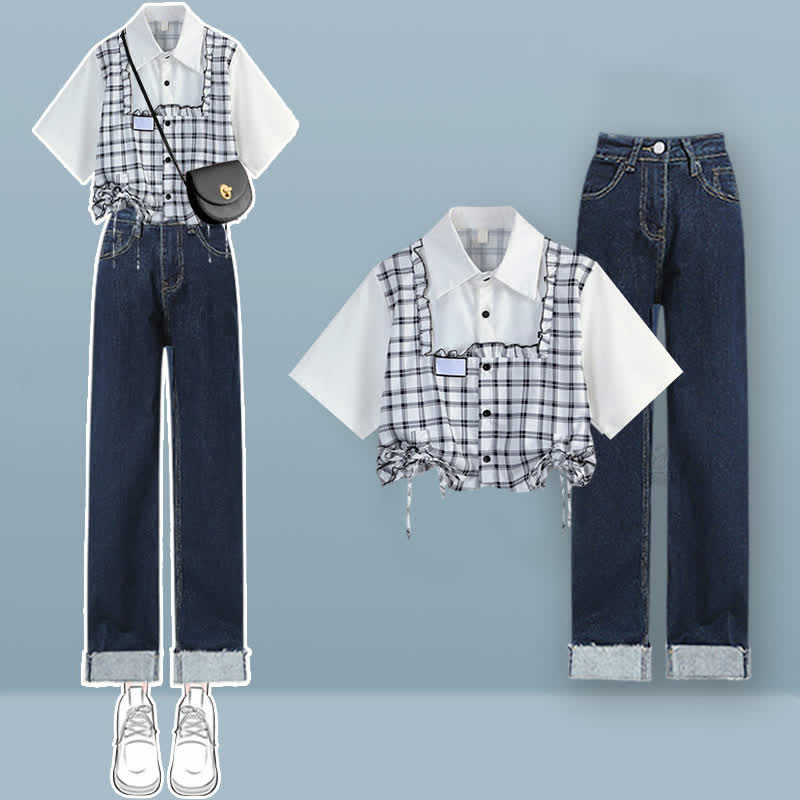 Lattice Print Drawstring Lapel T-Shirt Loose Denim Pants