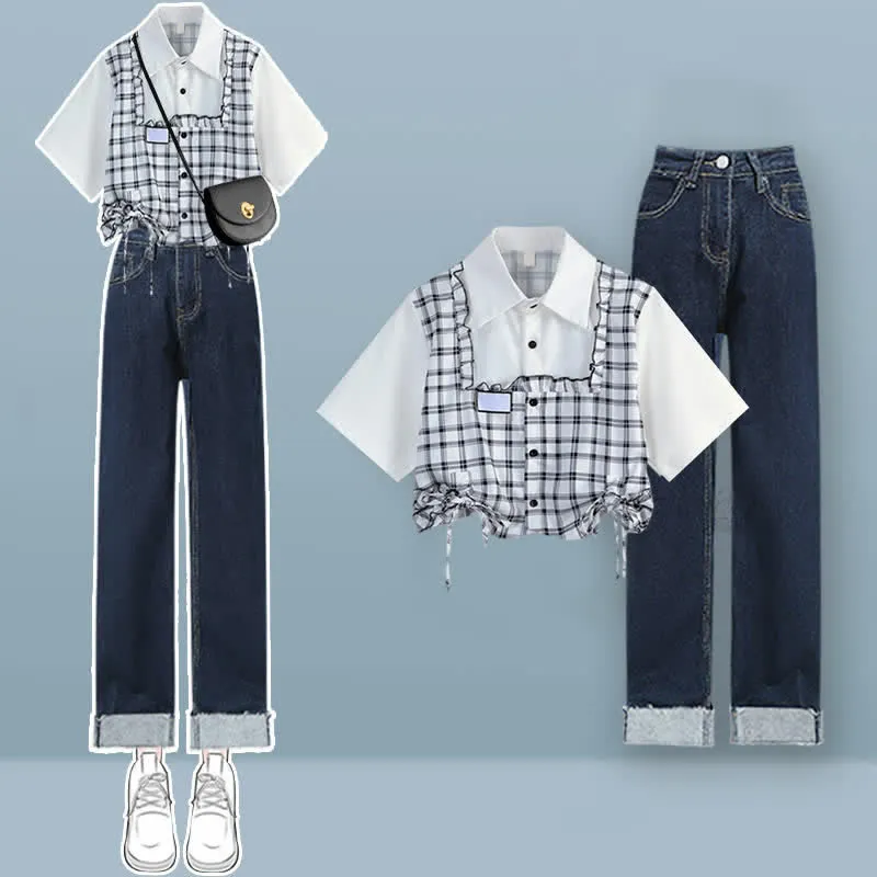 Lattice Print Drawstring Lapel T-Shirt Loose Denim Pants