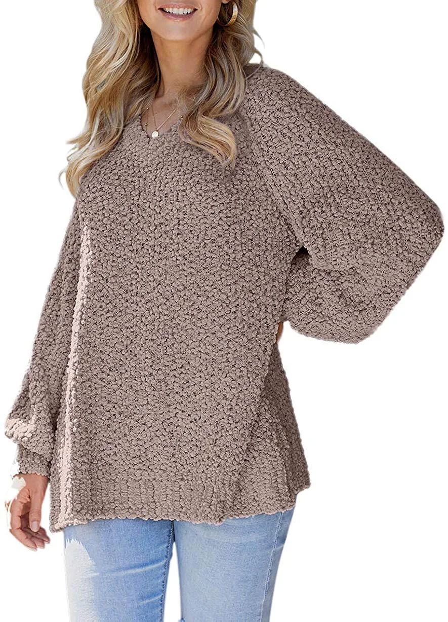 Women’s Winter Fuzzy Popcorn Sweater V Neck Long Sleeves Loose Fit Sweatshirt Solid Tops Pullover