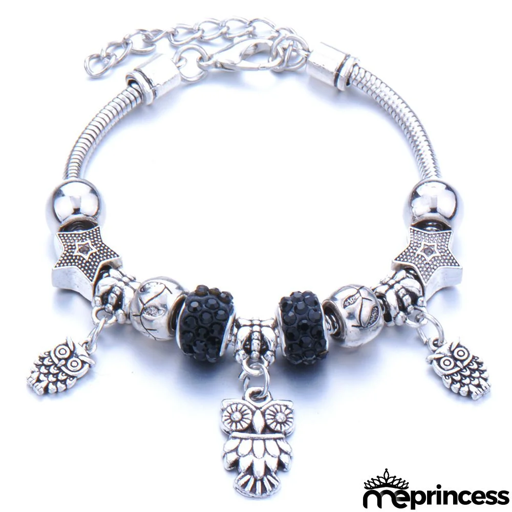Women Fashion Rhinestone Butterfly Crown Pendant Beaded Bracelet