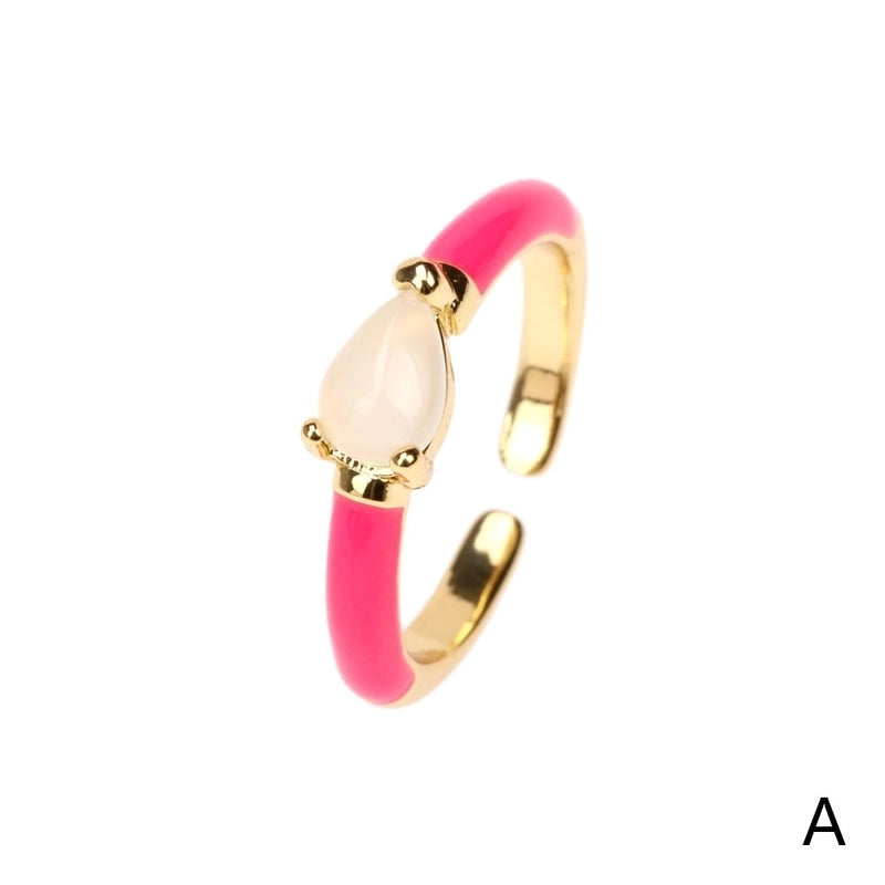 Minimalist Commute Water Droplets Copper Enamel Plating Inlay Crystal 18k Gold Plated Open Rings