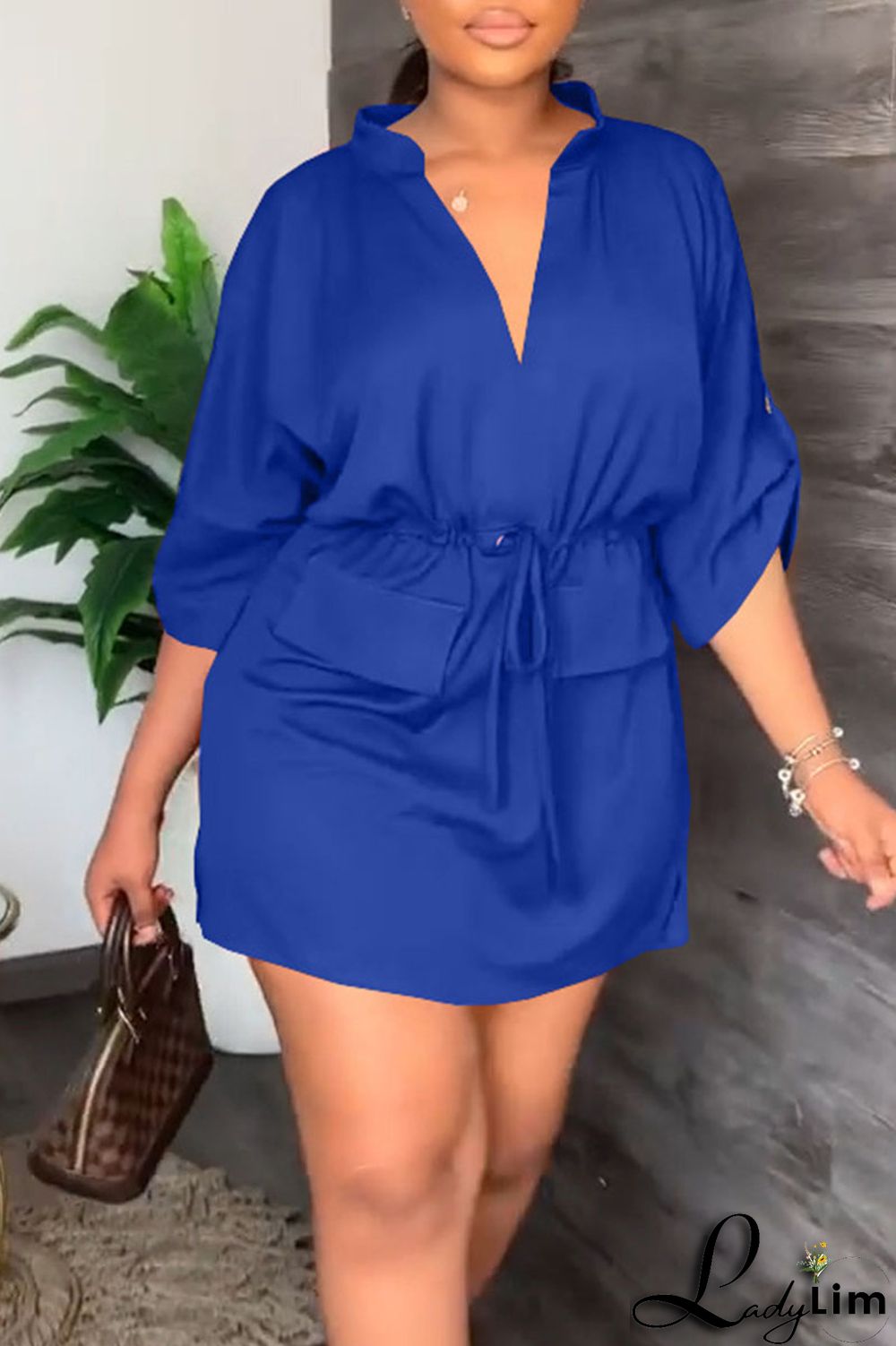 Tangerine Casual Solid Patchwork Draw String V Neck Straight Dresses