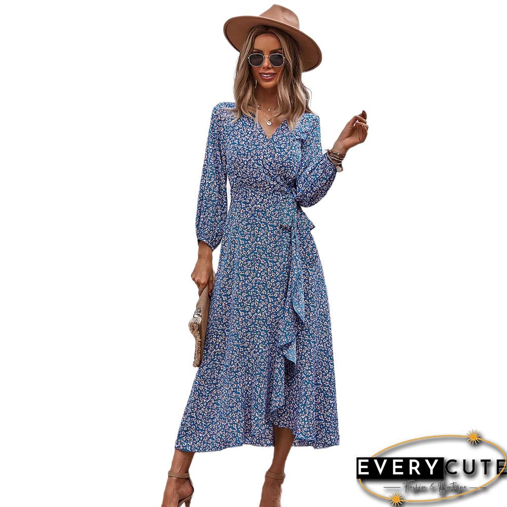 Blue Tie Waist Ruffle Swing Floral Dress