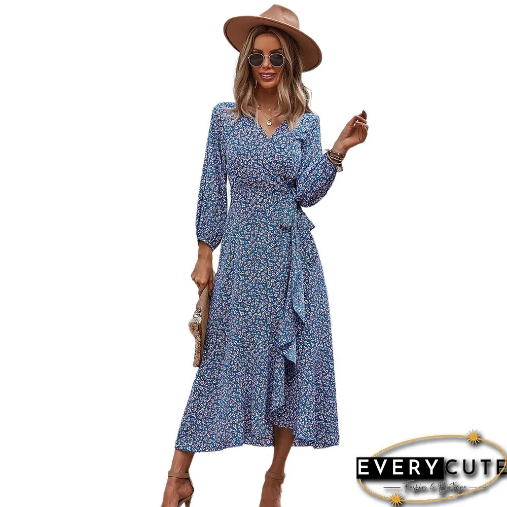 Blue Tie Waist Ruffle Swing Floral Dress