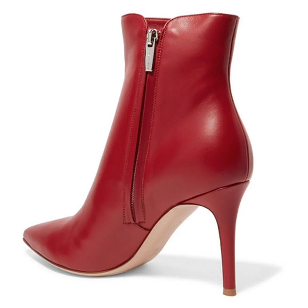 Red Pointed Toe Stiletto Heel Short Boots for Women with Zipper