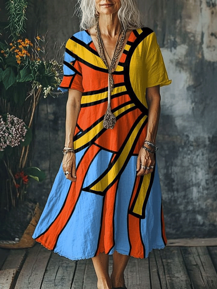 Women's Boho Vintage Art Print Pocket Cotton Dress