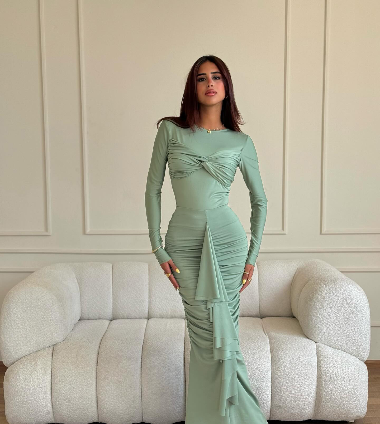 Ootddress Elegant Long Sleeved Elastic Tight Pleated Party Club Evening Dress Women Fashion Maxi Vestido Autumn Winter New Female