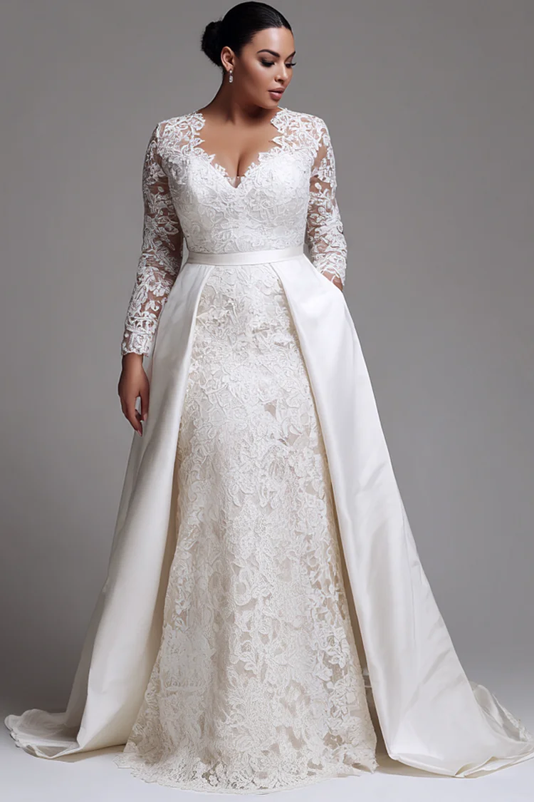 Xpluswear Design Plus Size Wedding White V Neck Long Sleeve With&nbsp;Skirt&nbsp;Overlay&nbsp;Pocket Satin Lace Maxi Dresses 2024 - Xpluswear