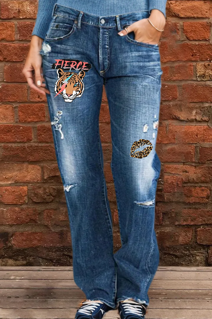 Women's Tiger Print Jeans socialshop