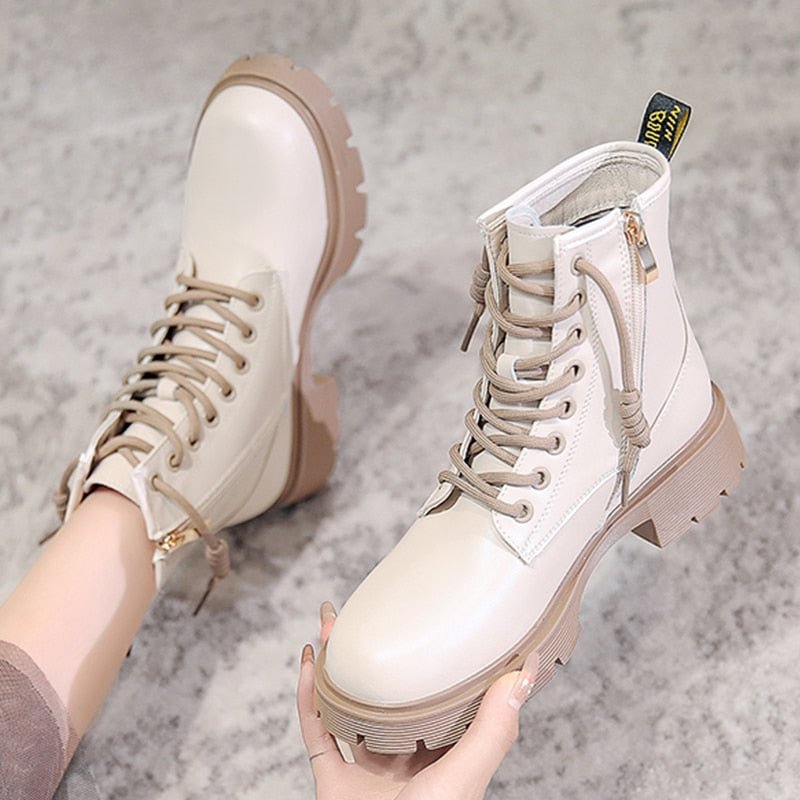 Beige Combat Boots For Women Platform Motorcycle Boots 2021 New Fashion Lace Up PU Leather Short Ankle Boots Female Designer
