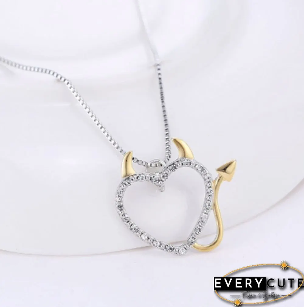 925 Standard Silver Love Heart Accent Devil Pendant Necklaces Jewelry for Women Summer
