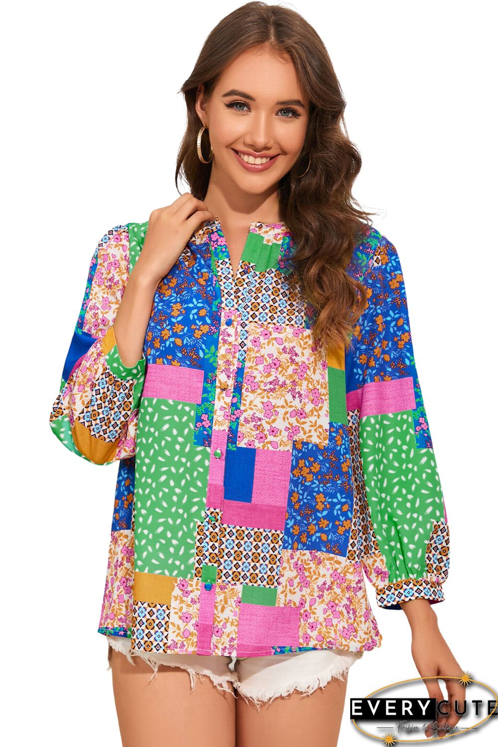 Multicolor Floral Patchwork Print Buttoned Puff Sleeve Shirt