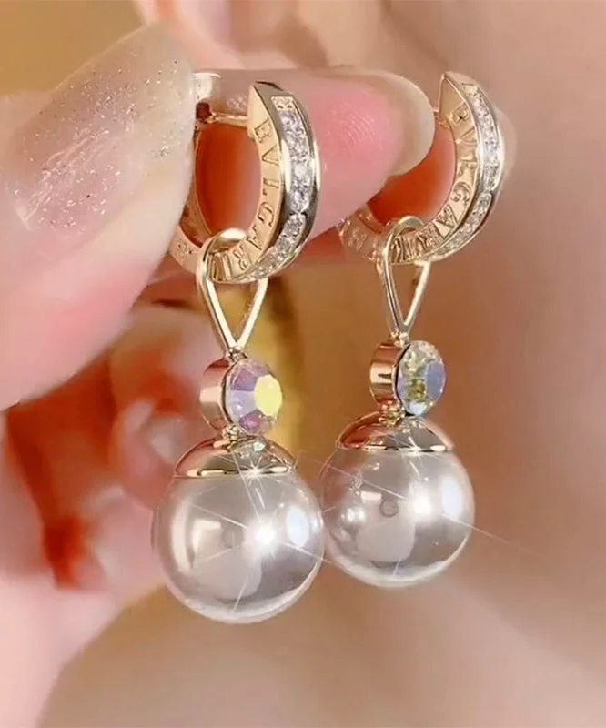 Elegant Cham pagneStering Silver Overgild Zircon Pearl Drop Earrings